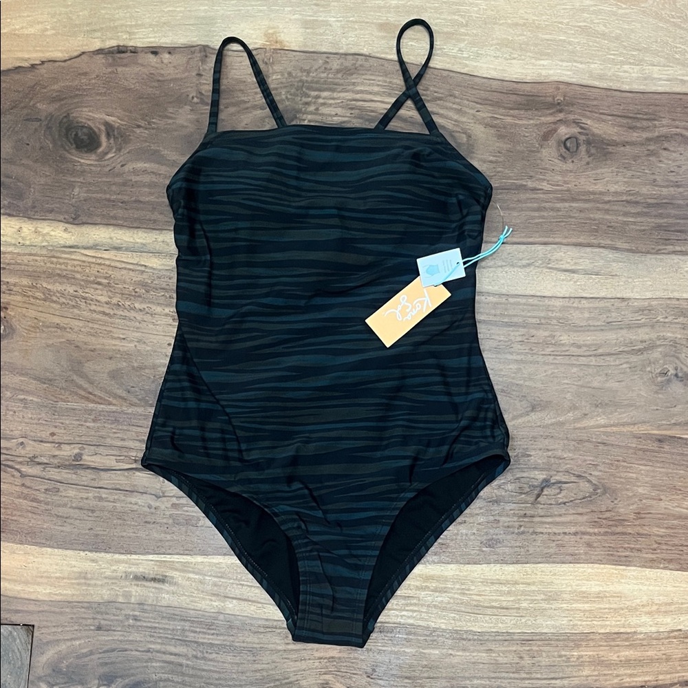 NWT Kona Sol Black and Green Striped One Piece Swimsuit